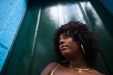 Yeşil kapıya karşı afro saçlı güzel bir kadının yakın plan portresi. Yolculuktaki mutlu insan..