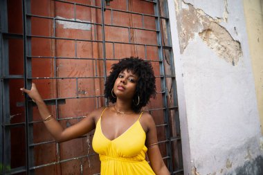 Sarı elbiseli, afro saçlı güzel bir kadın elinde kırmızı kapılı demir bir korkuluk tutuyor. Yolculukta kendine güveni olan biri.