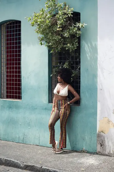 Kafasının üstünde yeşil bitkiler ve açık mavi bir duvarla pencerenin yanında duran güzel bir kadının portresi. Seyahatte mutlu insan kavramı.