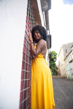 Sarı elbiseli, afro saçlı güzel bir kadın elinde kırmızı kapılı demir bir korkuluk tutuyor. Yolculukta kendine güveni olan biri.