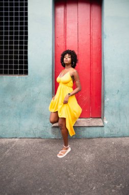 Sarı elbiseli ve kırmızı kapıya doğru yürüyen afro saçlı güzel bir kadının portresi. Kendinden emin ve mutlu biri. Brezilya