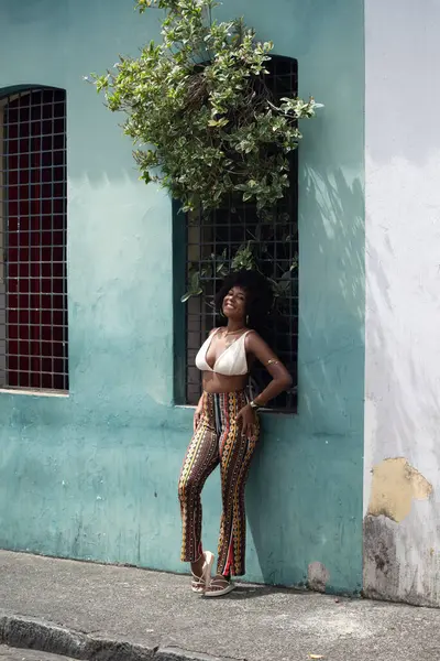 Kafasının üstünde yeşil bitkiler ve açık mavi bir duvarla pencerenin yanında duran güzel bir kadının portresi. Seyahatte mutlu insan kavramı.