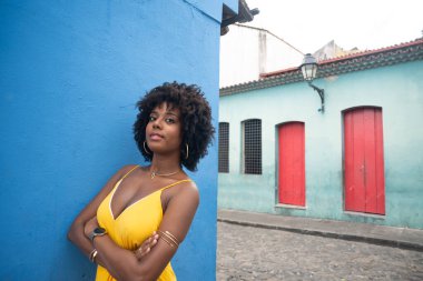 Sarı elbiseli, afro saçlı, mavi duvarda izole edilmiş ve arka planda evleri olan güzel bir kadın. Kendinden emin ve mutlu biri.
