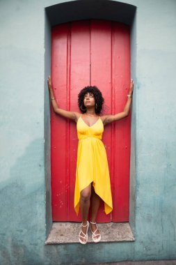 Sarı elbiseli güzel bir kadının uzun bir portresi ve kırmızı bir kapının önünde duran afro saç stili. Kendinden emin ve mutlu biri. Brezilya