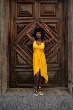 Tüm vücudunda sarı elbiseler giyen, afro saçlı, yüzyıllık ahşap kapıya dayanmış güzel genç bir kadın. Kendine güvenen biri. Brezilya