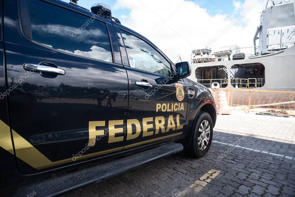 Salvador, Bahia, Brazil - January 26, 2025: A federal police car is seen parked at the port in the city of Salvador, Brazil.