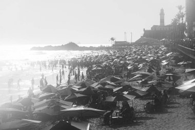 Salvador, Bahia, Brezilya - 05 Ocak 2025: Turistler öğleden sonra Farol da Barra plajında eğlenirken görülüyor. Salvador, Bahia.