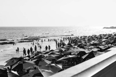 Salvador, Bahia, Brezilya - 05 Ocak 2025: İnsanlar güçlü güneş ışığı altında Farol da Barra plajında eğlenirken görülüyor. Salvador, Bahia. 