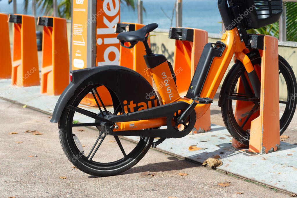 Salvador, Bahia, Brazil - May 10, 2025: View of a community bike via the Itau bank app. City of Salvador, Bahia.