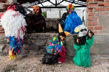 Kırsal kesimde korkunç kostümler giymiş kimliği belirsiz insanlar. Brezilya 'da karnaval günü.