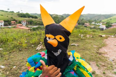 Korkunç kostüm ve maske giymiş kimliği belirsiz biri. Kırsal kültür alanı. Brezilya 'da karnaval günü.