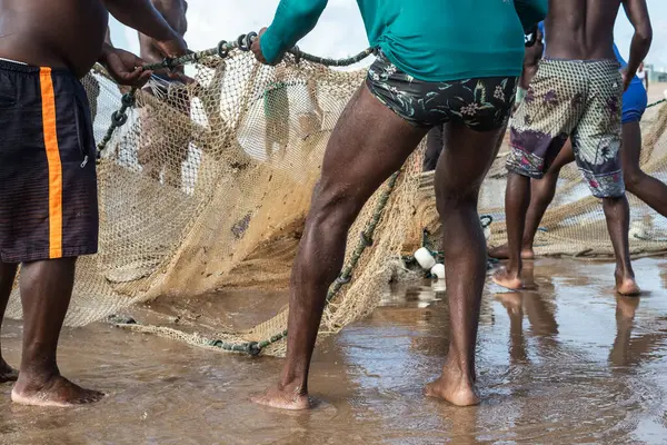 Kimliği belirsiz balıkçıların yarısı balık ağı çekiyor. Balıkçılık hobisi. Brezilya