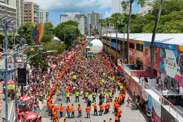 Salvador, Bahia, Brezilya - 01 Mart 2025: Brezilya 'nın Salvador kentindeki çocuk karnavalında eğlenen binlerce insanın eşlik ettiği elektrikli üçlünün tepesinden görüntüler.
