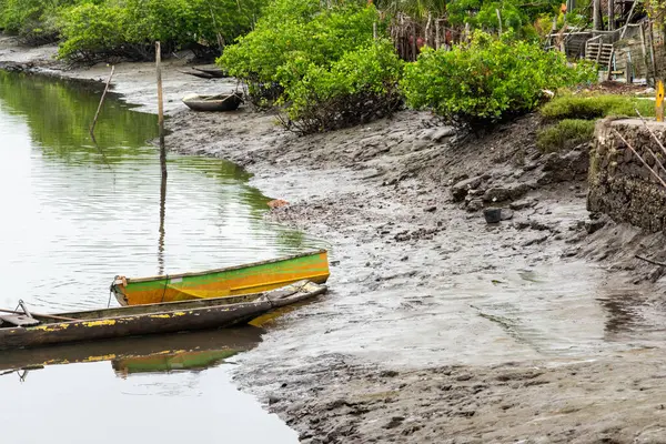 Çapalı balıkçı tekneleri ve kanoları olan kudretli bir nehir. Yağmurlu ve soğuk bir gün.