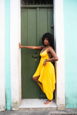 Afro saçlı, sarı elbiseli, yeşil kapıya dayanmış fotoğraf için poz veren güzel siyahi kadın portresi. Yolculukta mutlu insan.