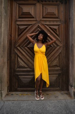 Tüm vücudunda sarı elbiseler giyen, afro saçlı, yüzyıllık ahşap kapıya dayanmış güzel genç bir kadın. Kendine güvenen biri. Brezilya