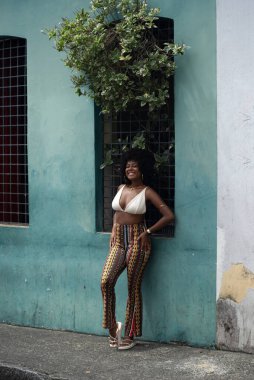 Kafasının üstünde yeşil bitkiler ve açık mavi bir duvarla pencerenin yanında duran güzel bir kadının portresi. Seyahatte mutlu insan kavramı.