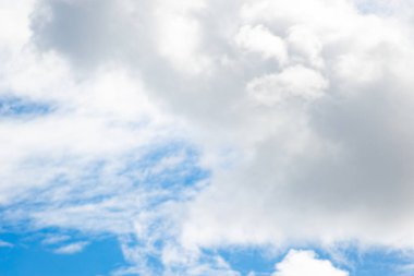 Mavi gökyüzüne karşı beyaz bulutlar. Çevre. Boşluk.