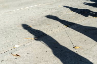 A strong shadow of a person stretches across a concrete sidewalk, scattered with autumn leaves