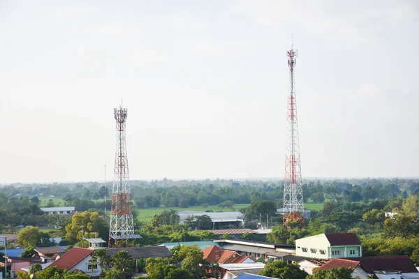 stock image Telecommunication towers and transmission lines for local signal and modern technology internet.