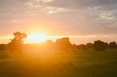 Eski bir kulübesi olan günbatımı sonbahar manzarası
