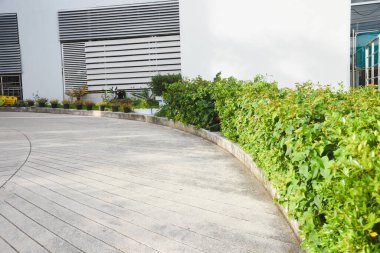 Hastane, ağaç manzaralı beton rampa.