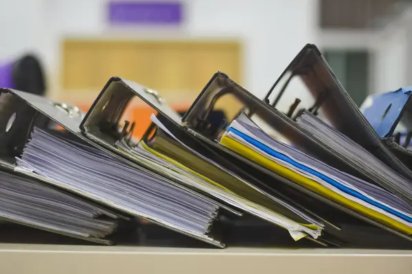 Belgeler ve kağıtlarla dolu birkaç klasörün yakın plan görüntüsü. Klasörler yatay olarak bir yüzeye yerleştirilmiş ve ucu kameraya dönük..