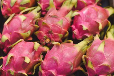Pitaya olarak da bilinen ejderha meyveleriyle dolu tahta bir sandık. Meyvelerin, yeşil ölçekli aksanları ile canlı pembe bir dış derisi vardır. Bu da Hylocereus cinsine ait olduklarını gösterir.. 