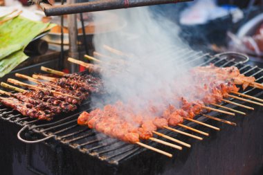 Bir sokak yemeği satıcısı ızgarada tavuk şişi pişiriyor. Şişler sıra sıra dizilir, bazıları koyu, kömürleşmiş etle, diğerleri hafif, turuncu etle..