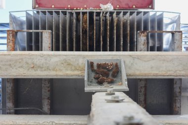 Mekanik bir yapı, muhtemelen endüstriyel makinelerin bir parçası. Ana odak noktası, beton kirişe bağlı metal bir plaka ve üzerinde bal peteği benzeri yapılar var.. 