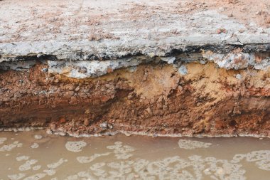 İnşaat halindeki yoldaki çatlakların yakın görüntüsü.