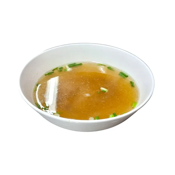 Eine Klare Suppe Mit Ein Paar Frühlingszwiebeln Einer Weißen Schüssel — Stockfoto