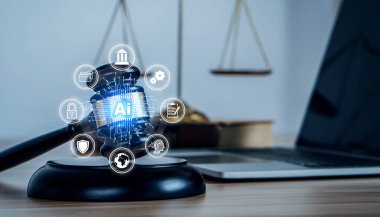 Al Law ve Al etik kavramı. Yargı tokmağı ve hukuk ikonu. Yasa ve Yapay Zeka Yasası yönetmelikleri. Yasal düzenlemeler yapay zeka teknolojisini kontrol etmek yüksek riskli bir siber yasa, dijital hukuk.