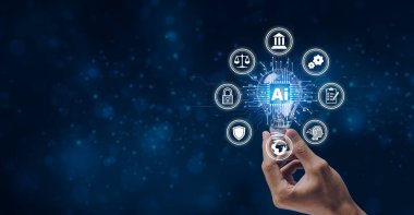 Yapay zeka teknolojisi. El ele tutuşan bir ampul ai simgesi. Büyük veri ağında makine öğrenimi, gelecekçiliğin icadı. İş için ai oluşturun..