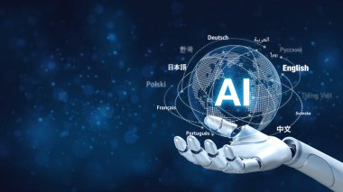 Ai çeviri dili kavramı. Robot elleri ai çeviricisini mavi arkaplanlı, yapay zeka sohbet robotu ile donatılmış bir dil modeli teknolojisi ile tutuyor..