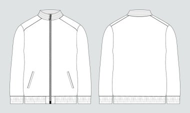 Uzun kollu ceket teknik taslak düz çizim vektör çizim şablonu ön ve arka görünüm