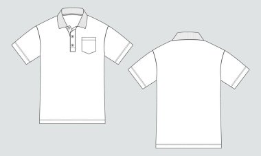 Kısa kollu Polo gömlek Teknik moda taslak vektör çizimi siyah renk şablonu ön ve arka görünüm. 