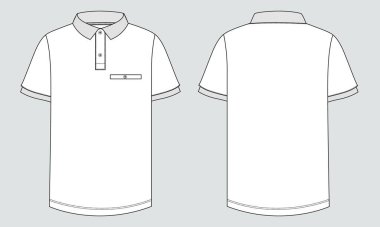 Kısa kollu Polo gömlek Teknik moda taslak vektör çizimi siyah renk şablonu ön ve arka görünüm. 