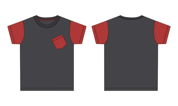 ショートスリーブ基本的なTシャツ技術的なファッションフラットスケッチベクトルイラストテンプレートフロントとバックビュー 子供のための基本的なアパレルデザインモックアップ — ストックベクタ