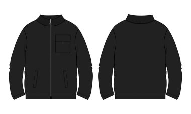 Uzun kollu ceket teknik taslak düz çizim vektör çizim şablonu ön ve arka görünüm
