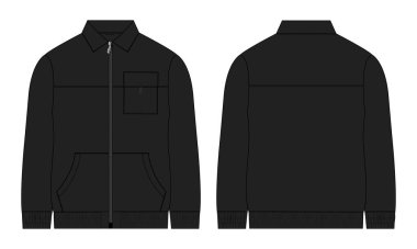 Uzun kollu ceket teknik taslak düz çizim vektör çizim şablonu ön ve arka görünüm
