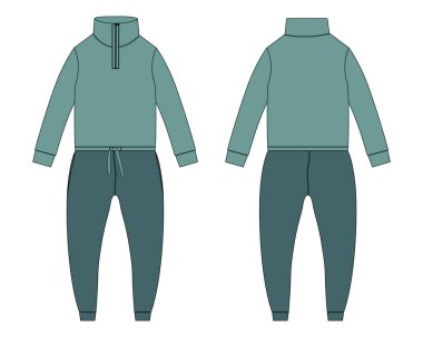 Eşofman altı eşofman altı ve eşofman üstü. Teknik taslak çizim vektör çizim şablonu ön ve arka görünüm.