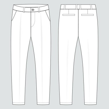 Pantolon pantolonu teknik taslak çizim vektör çizim şablonu ön ve arka görünüm.