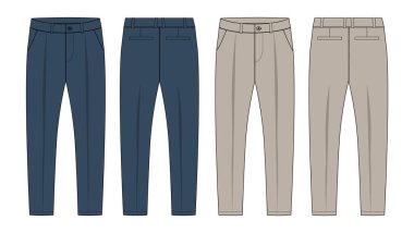 Pantolon pantolonu teknik taslak çizim vektör çizim şablonu ön ve arka görünüm.