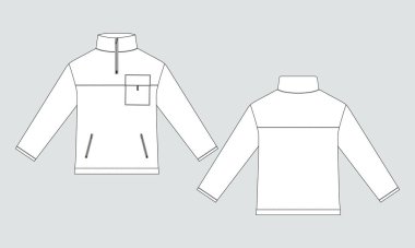 Uzun kollu ceket teknik taslak düz çizim vektör çizim şablonu ön ve arka görünüm