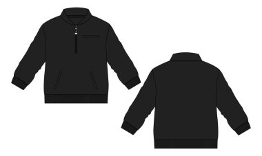 Uzun kollu ceket teknik taslak düz çizim vektör çizim şablonu ön ve arka görünüm