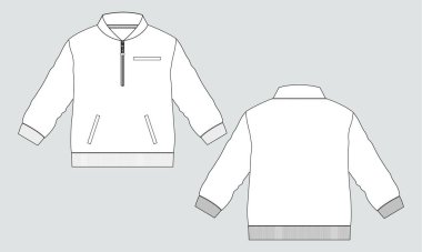 Uzun kollu ceket teknik taslak düz çizim vektör çizim şablonu ön ve arka görünüm