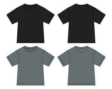 Kısa kollu tişört, teknik taslak, düz taslak vektör, illüstrasyon şablonu ön ve arka görünüm. Temel Giyim Tasarımı Çocuklar İçin Model Yap