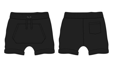 Şort pantolonu teknik çizim düz taslak şablon ön ve arka görünüm