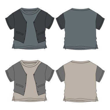 Bebek oğlanlar teknik olarak düz taslak çizim vektör çizimi gri ve hkaki renk şablonu ön ve arka görünüm.